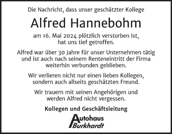 Traueranzeige von Alfred Hannebohm von SuperSonntag Bitterfeld