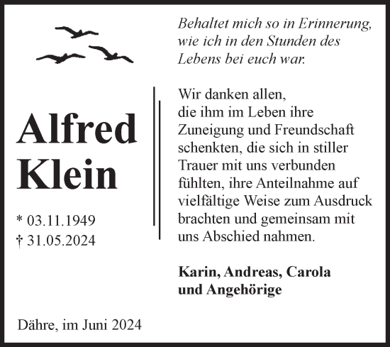 Traueranzeige von Alfred Klein von Volksstimme Altmark West