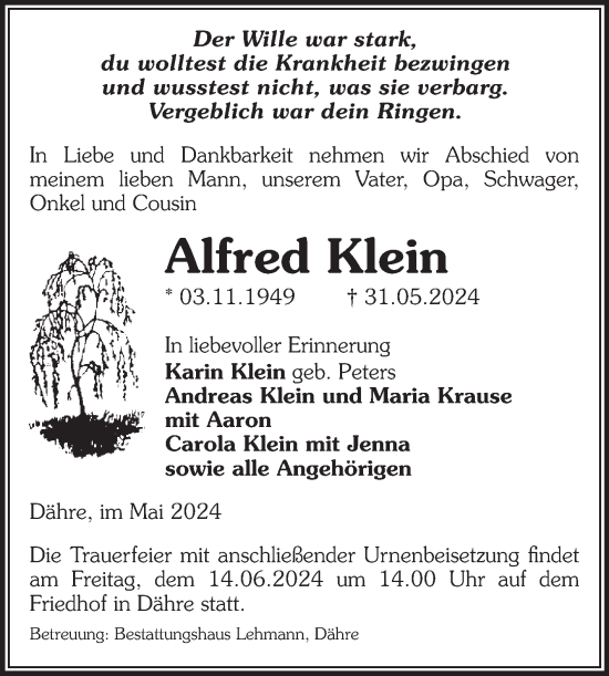 Traueranzeige von Alfred Klein von Volksstimme Altmark West