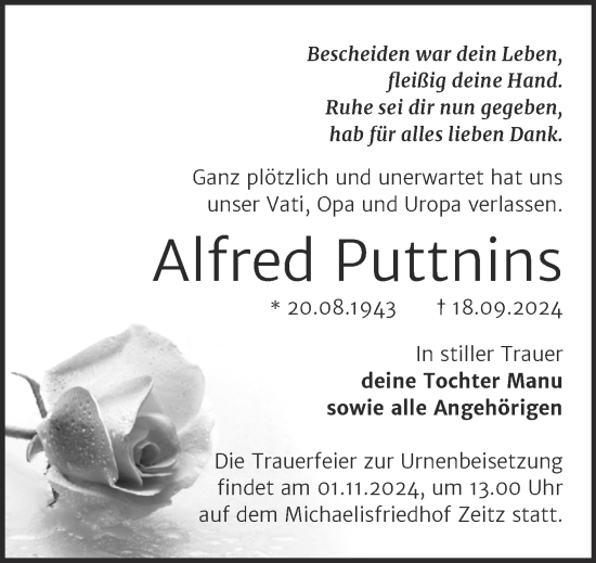 Traueranzeige von Alfred Puttnins von Trauerkombi Zeitz