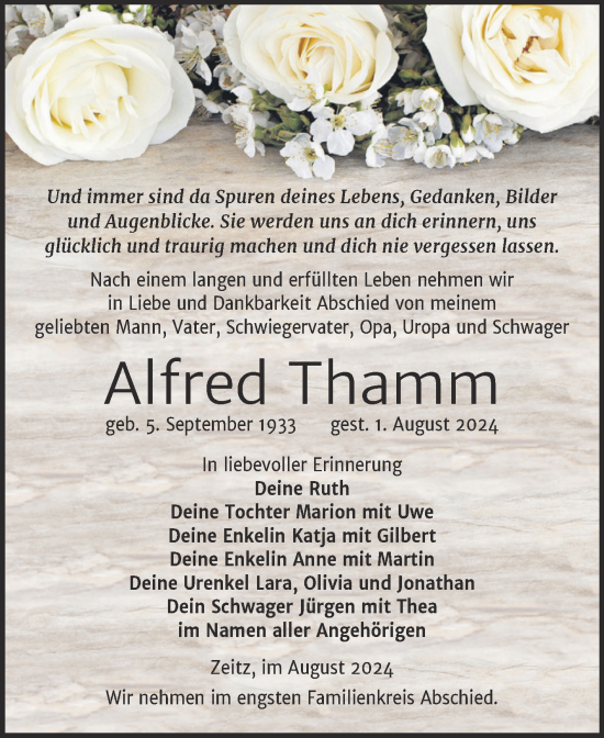 Traueranzeige von Alfred Thamm von Trauerkombi Zeitz