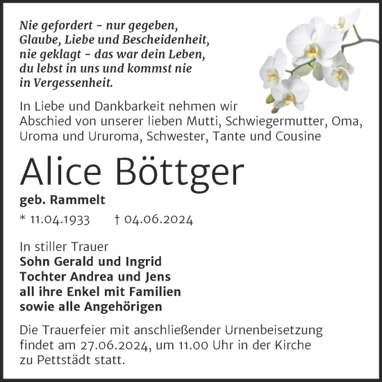 Traueranzeige von Alice Bottger von Trauerkombi Weißenfels