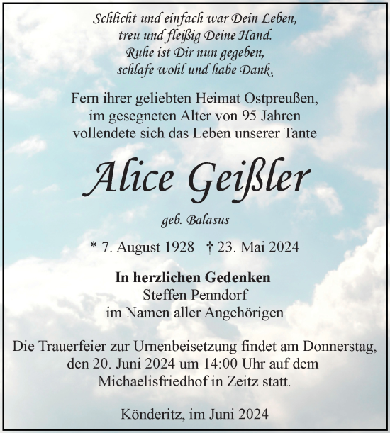 Traueranzeige von Alice Geißler von Trauerkombi Zeitz