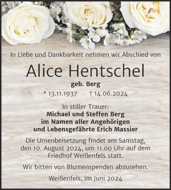 Traueranzeige von Alice Hentschel von Trauerkombi Weißenfels