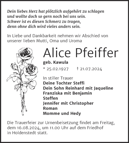 Traueranzeige von Alice Pfeiffer von Trauerkombi Sangerhausen