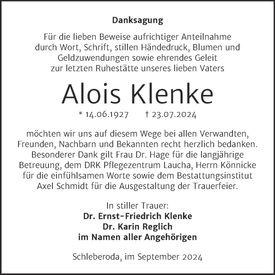 Traueranzeige von Alois Klenke von Super Sonntag Naumburg/Nebra