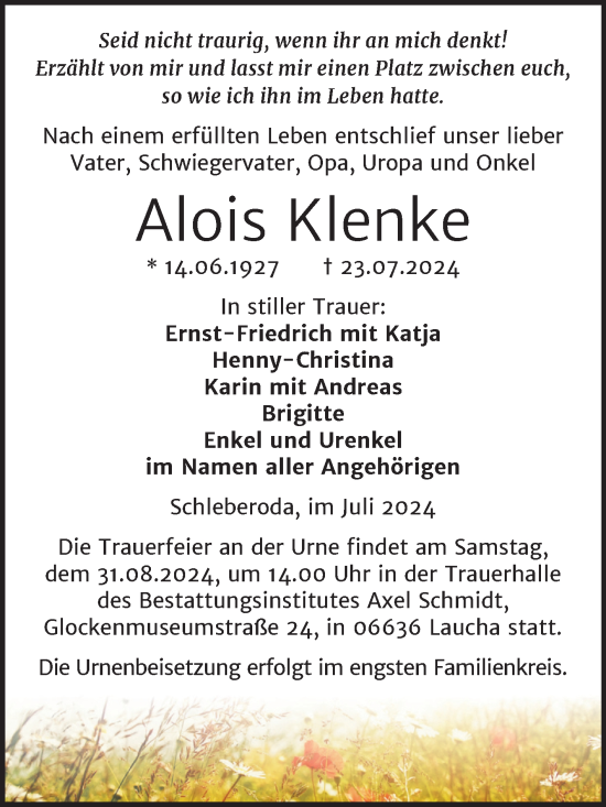 Traueranzeige von Alois Klenke von Naumburger Tageblatt
