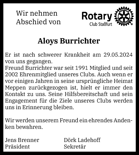 Traueranzeige von Aloys Burrichter von Volksstimme Staßfurt
