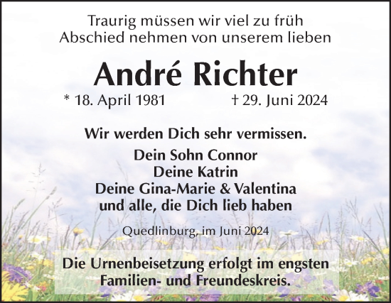 Traueranzeige von Andre Richter von Trauerkombi Quedlinburg