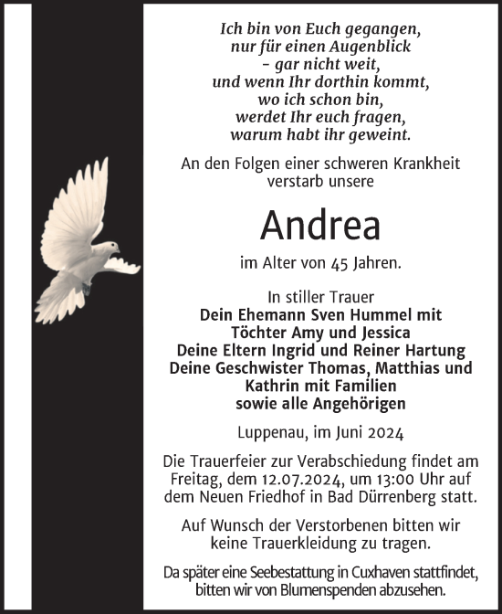 Traueranzeige von Andrea  von Trauerkombi Merseburg