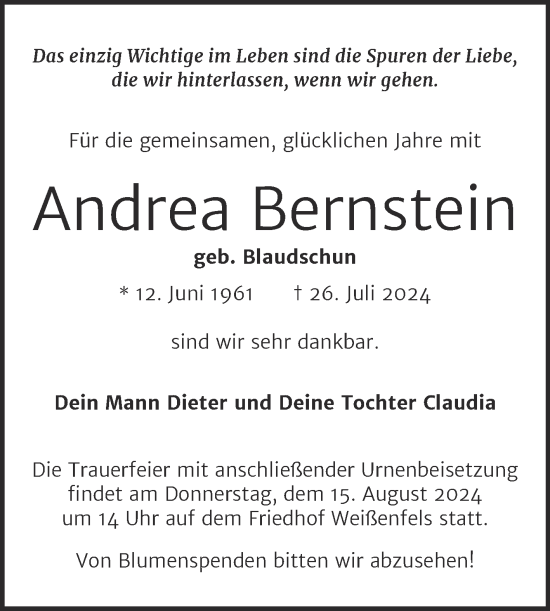 Traueranzeige von Andrea Bernstein von Trauerkombi Weißenfels