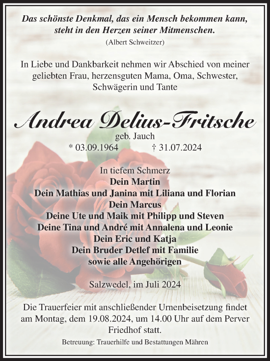 Traueranzeige von Andrea Delius-Fritsche von Volksstimme Altmark West