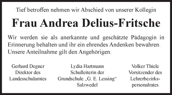 Traueranzeige von Andrea Delius-Fritsche von Volksstimme Altmark West