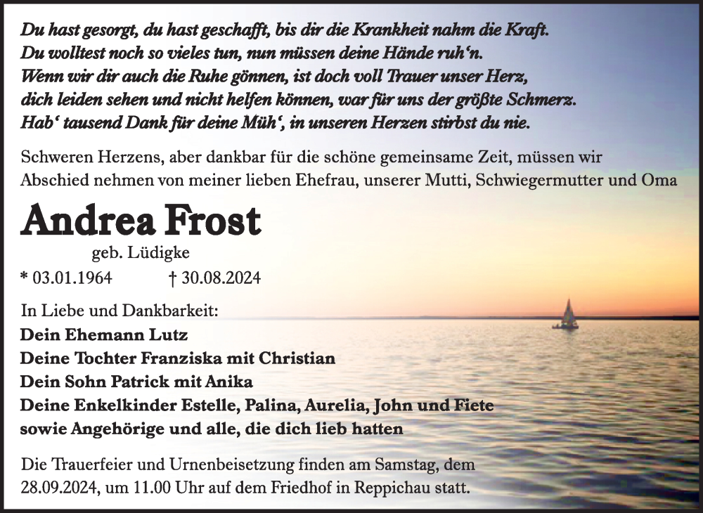  Traueranzeige für Andrea Frost vom 07.09.2024 aus Trauerkombi Köthen
