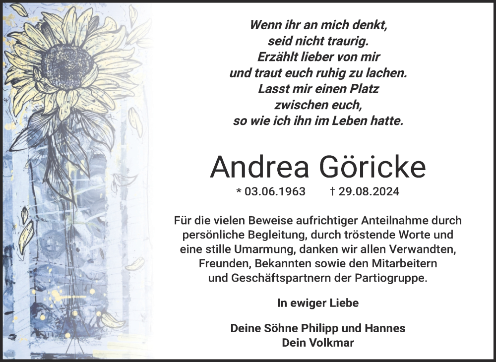  Traueranzeige für Andrea Göricke vom 07.09.2024 aus Mitteldeutsche Zeitung Halle/Saalkreis