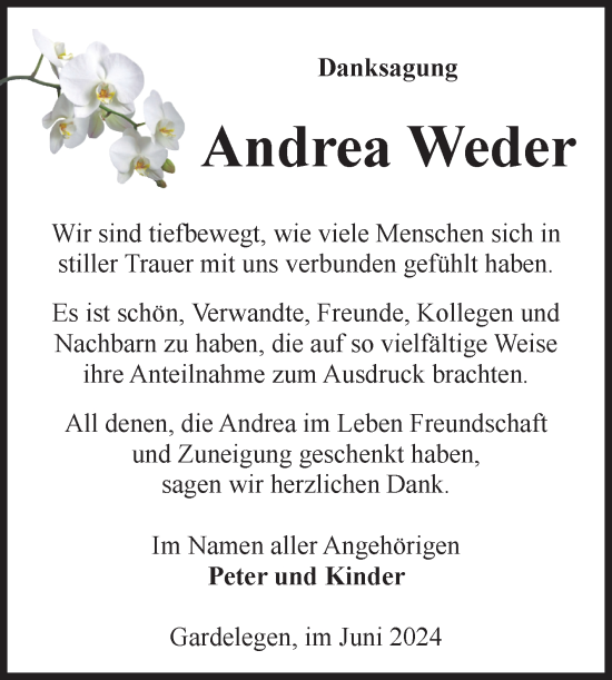 Traueranzeige von Andrea Weder von Volksstimme Altmark West