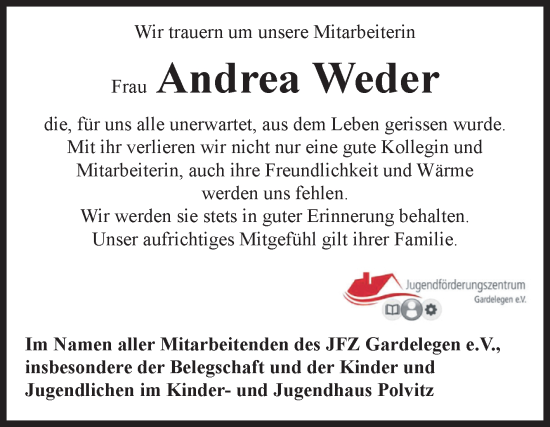 Traueranzeige von Andrea Weder von Volksstimme Altmark West