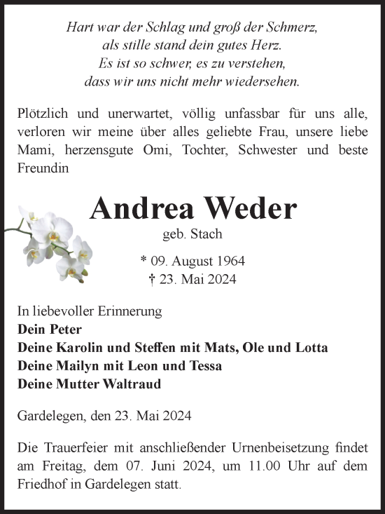 Traueranzeige von Andrea Weder von Volksstimme Altmark West