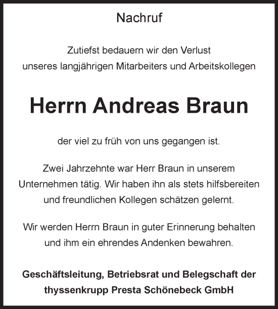 Traueranzeige von Andreas Braun von Volksstimme Schönebeck