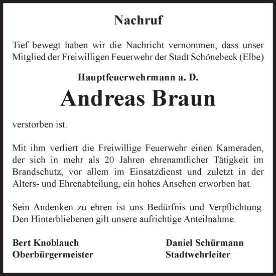 Traueranzeige von Andreas Braun von Volksstimme Schönebeck