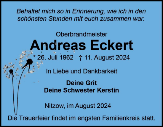 Traueranzeige von Andreas Eckert von Volksstimme Altmark Ost