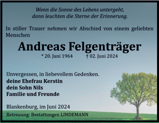 Traueranzeige von Andreas Felgenträger von Volksstimme Wernigerode