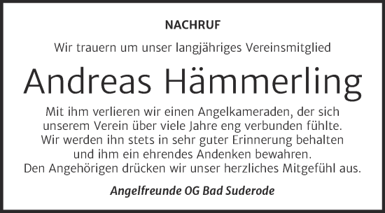 Traueranzeige von Andreas Hämmerling von Trauerkombi Quedlinburg