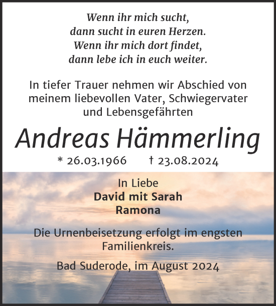 Traueranzeige von Andreas Härnrnerling von Trauerkombi Quedlinburg