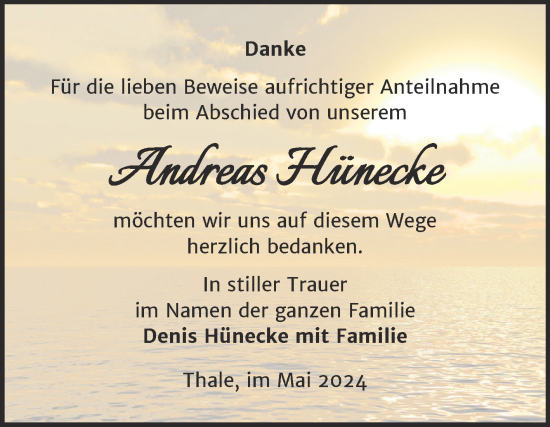 Traueranzeige von Andreas Hünecke von Trauerkombi Quedlinburg