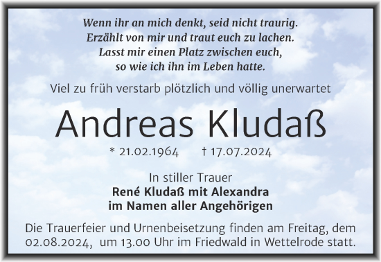 Traueranzeige von Andreas Kludaß von Trauerkombi Mansfelder Land