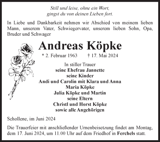 Traueranzeige von Andreas Köpke von Volksstimme Altmark Ost