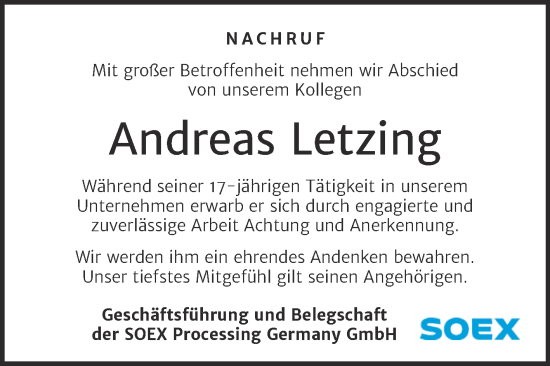 Traueranzeige von Andreas Letzing von SuperSonntag Bitterfeld