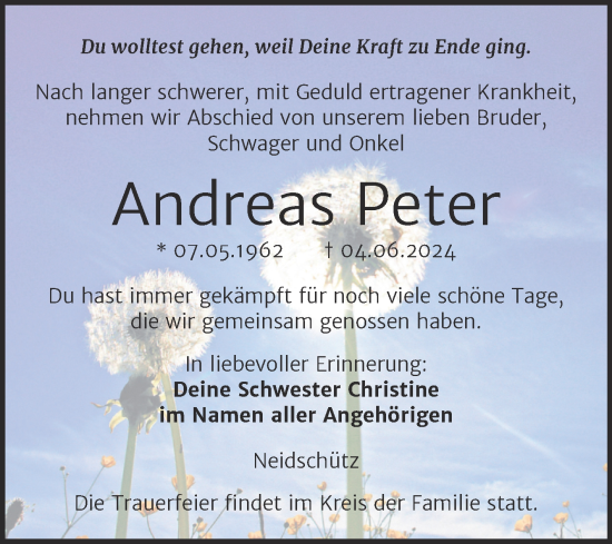 Traueranzeige von Andreas Peter von Super Sonntag Naumburg/Nebra