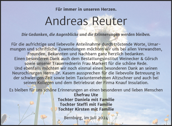 Traueranzeige von Andreas Reuter von Trauerkombi Bernburg
