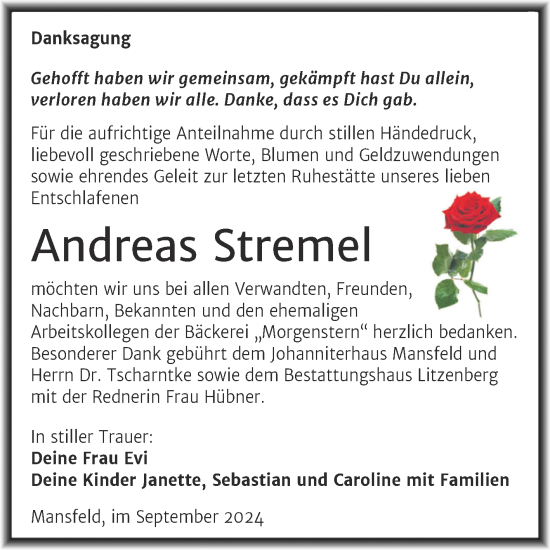 Traueranzeige von Andreas Stremel von Trauerkombi Mansfelder Land