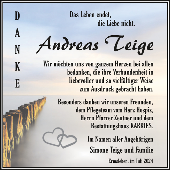 Traueranzeige von Andreas Teige von Trauerkombi Aschersleben