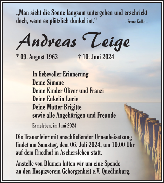 Traueranzeige von Andreas Teige von Trauerkombi Aschersleben
