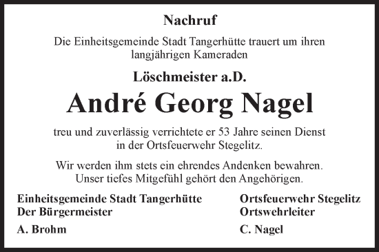 Traueranzeige von Andre Georg Nagel von Volksstimme Altmark Ost