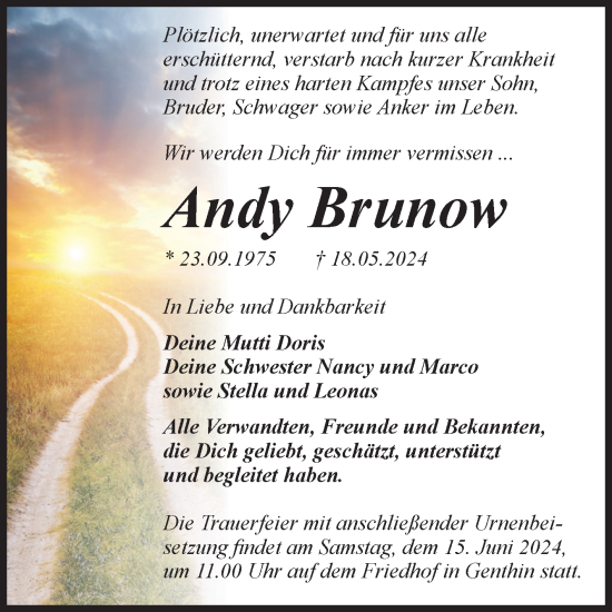 Traueranzeige von Andy Brunow von Volksstimme Burg/Genthin