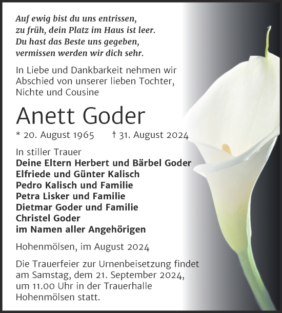 Traueranzeige von Anett Goder von Trauerkombi Weißenfels