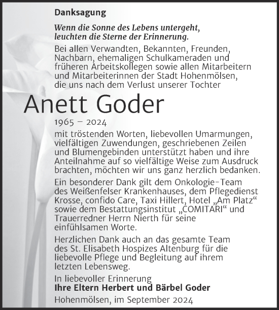 Traueranzeige von Anett Goder von Trauerkombi Weißenfels