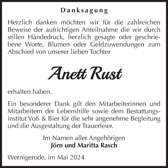 Traueranzeige von Anett Rust von Volksstimme Wernigerode