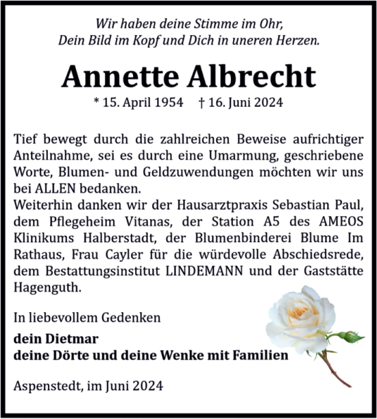 Traueranzeige von Anette Albrecht von Volksstimme Halberstadt