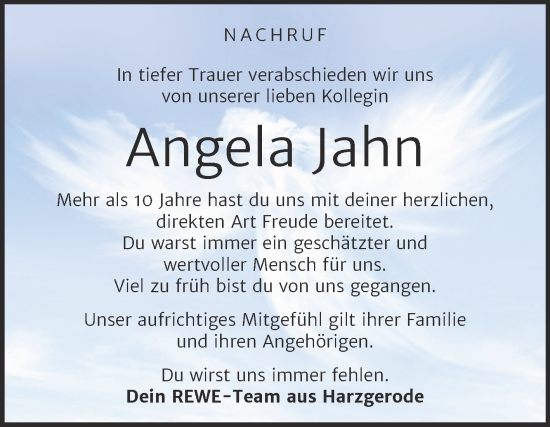 Traueranzeige von Angela Jahn von Super Sonntag Quedlingburg