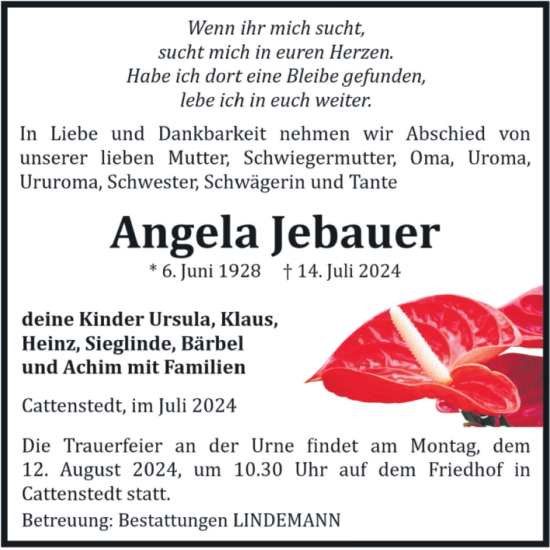 Traueranzeige von Angela Jebauer von Volksstimme Wernigerode