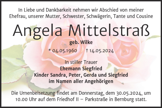 Traueranzeige von Angela Mittelstraß von Trauerkombi Bernburg