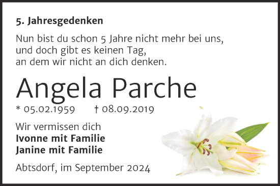 Traueranzeige von Angela Parche von Trauerkombi Wittenberg
