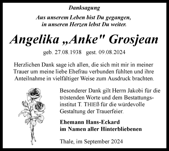 Traueranzeige von Angelika Grosjean von Trauerkombi Merseburg