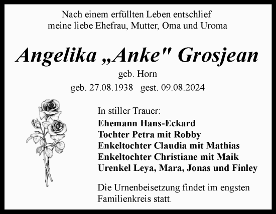 Traueranzeige von Angelika Grosjean von Trauerkombi Merseburg