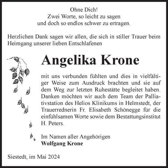 Traueranzeige von Angelika Krone von Volksstimme Haldensleben/Wolmirstedt